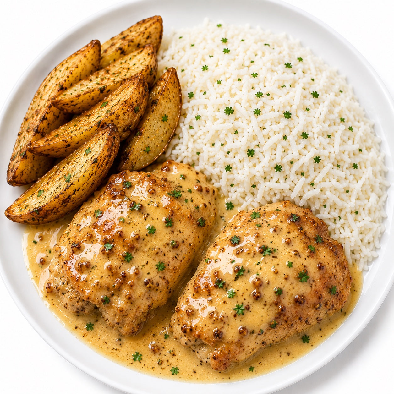HOMESTYLE 550G- Roasted chicken thighs with honey mustard sauce, rice and roasted potatoes.
