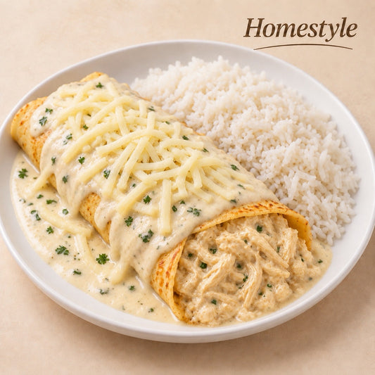 AVAILABLE NOW, FROZEN- Creamy shredded chicken pancakes with sauce and mozzarella cheese and white rice.