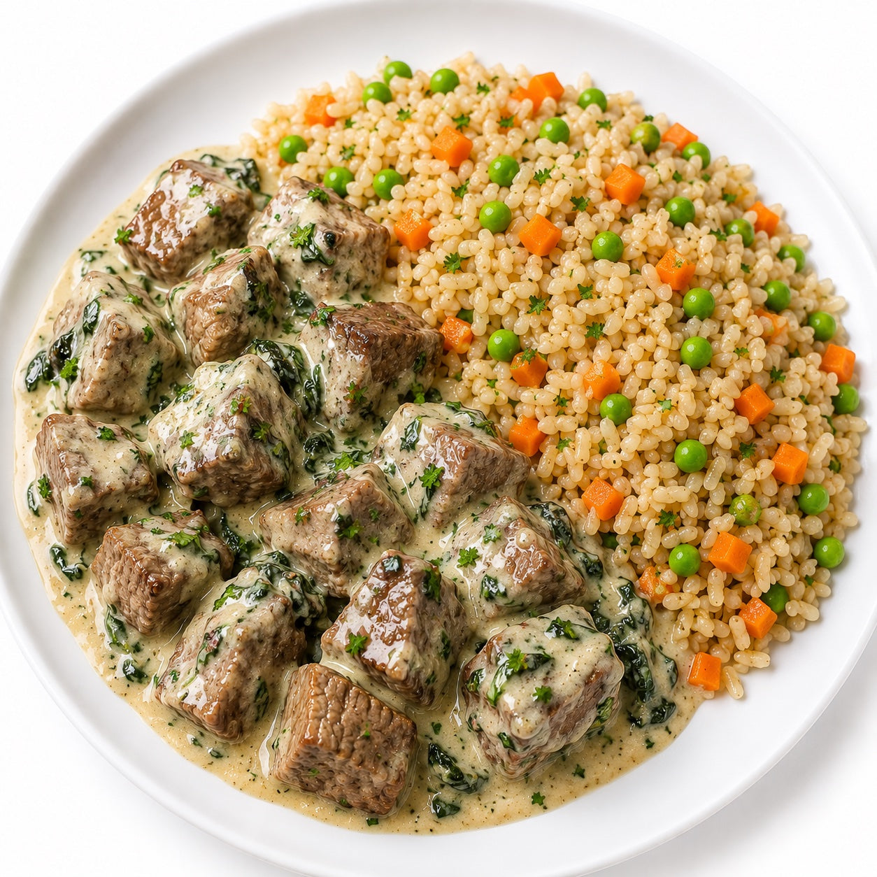 SAUDAVEL 300G- Cubos de filé mignon ao molho de ricota com espinafre e arroz integral com cenoura e ervilha.