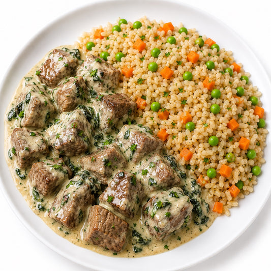 SAUDAVEL 500G- Cubos de filé mignon ao molho de ricota com espinafre e arroz integral com cenoura e ervilha.
