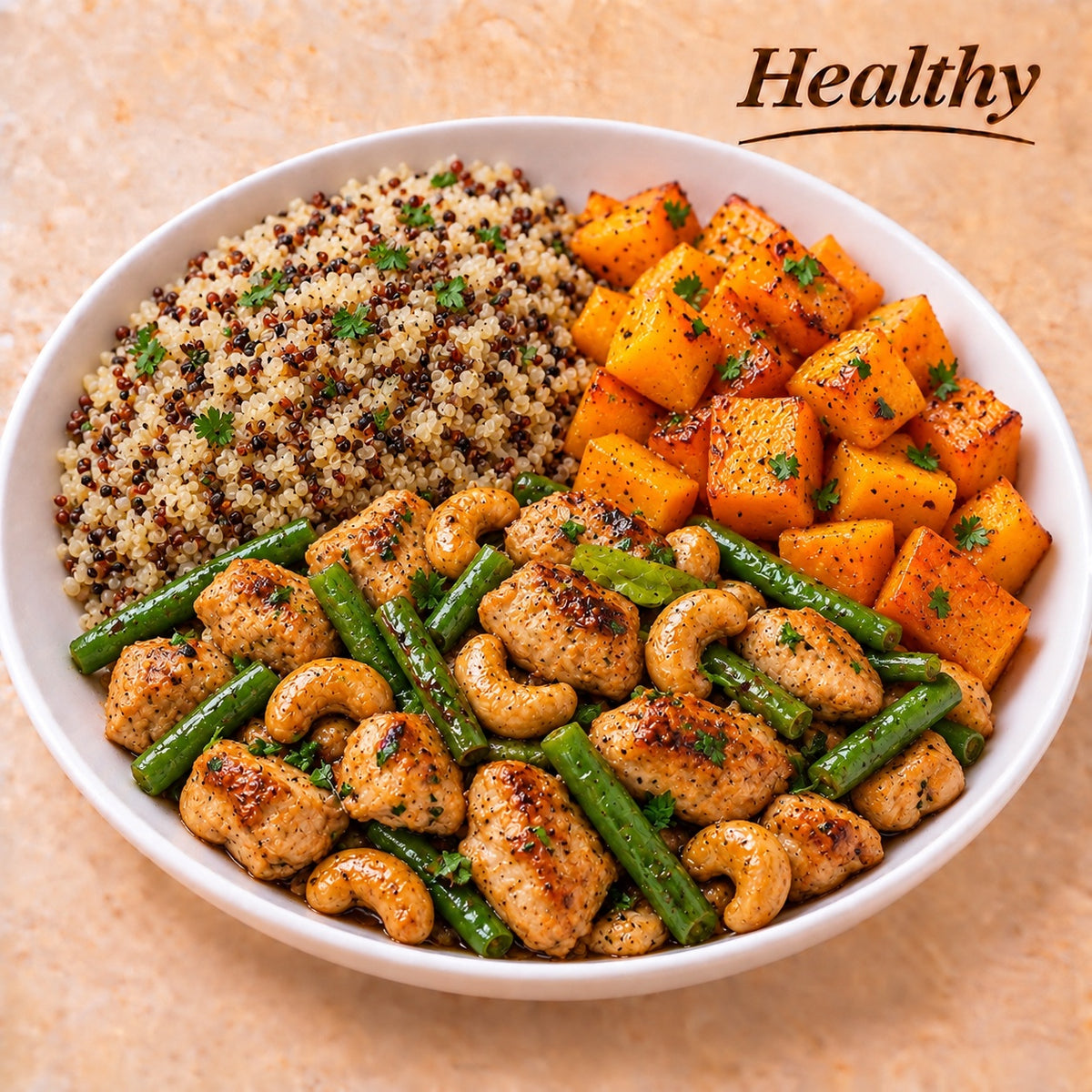 HEALTHY 300G- Sautéed chicken cubes with cashews and green beans, quinoa and sautéed butternut squash.