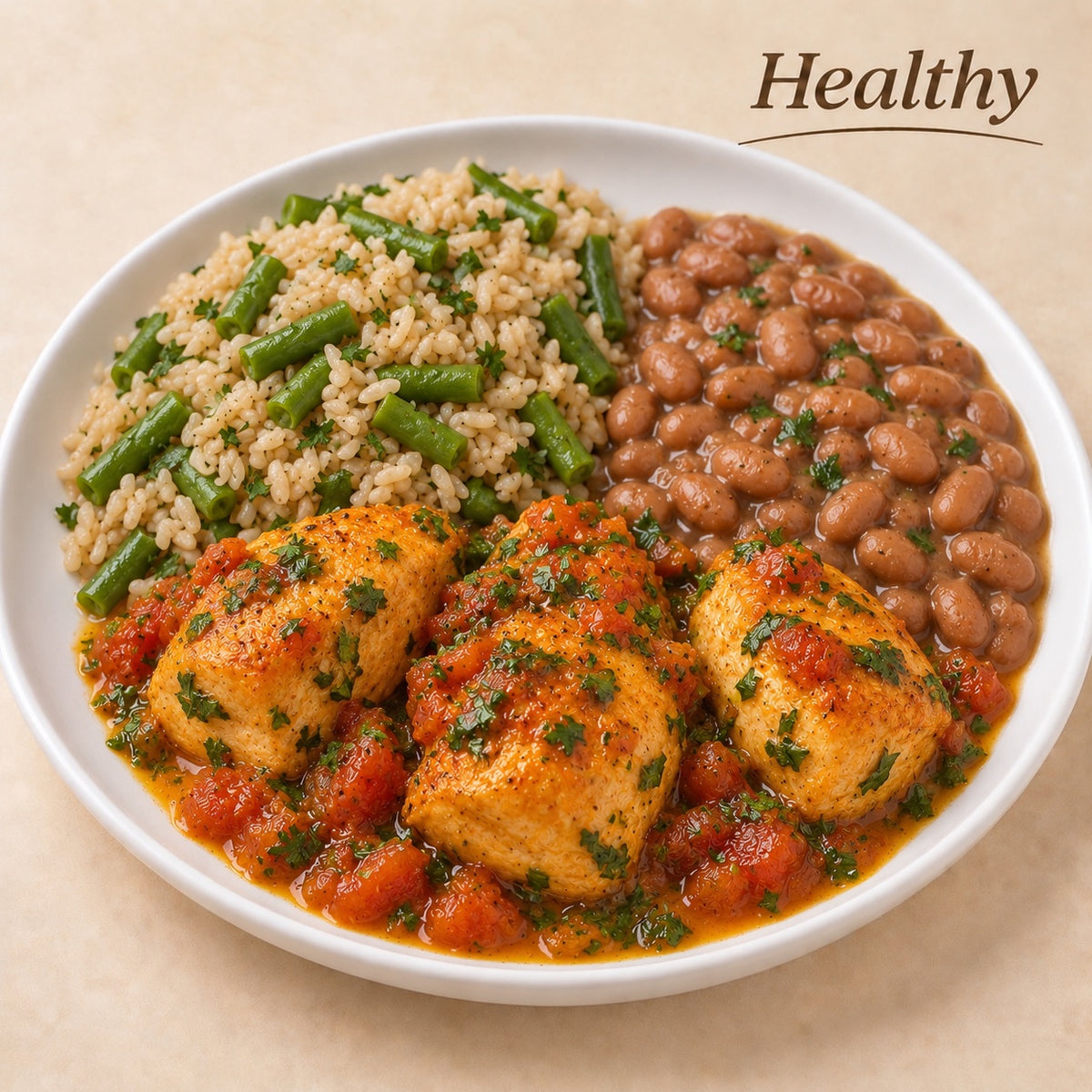 SAUDAVEL 300G- Peito de frango ao molho, arroz integral com vagem e feijão carioca.