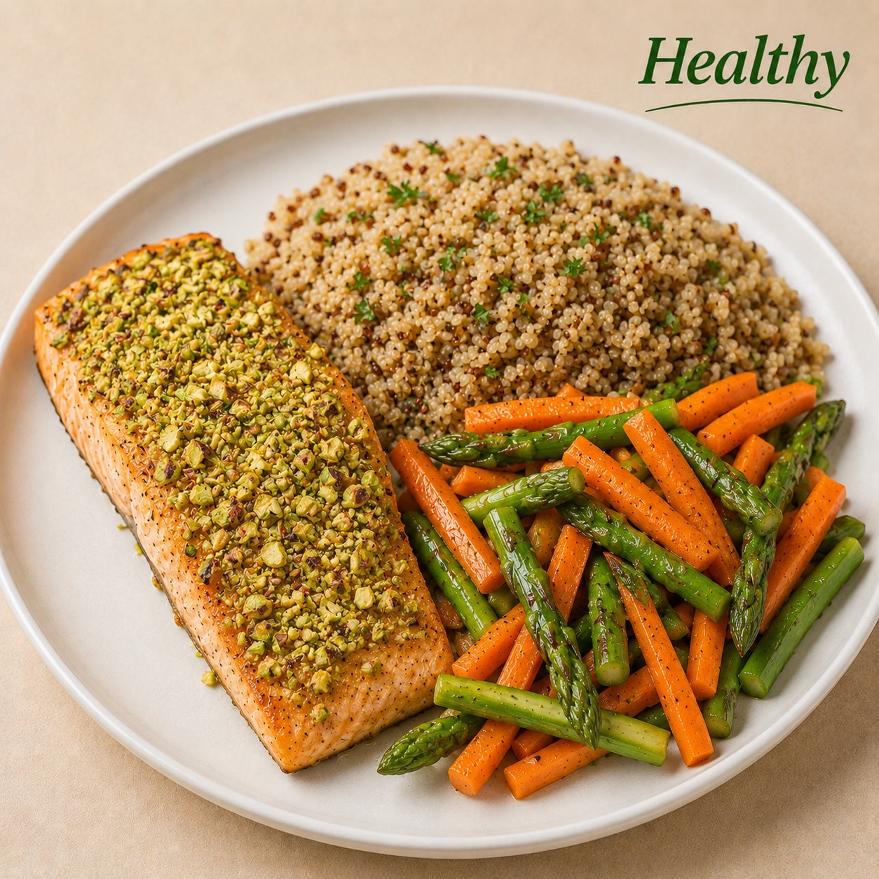 HEALTHY 300G- Pistachio-crusted salmon, quinoa, carrots and asparagus mix.