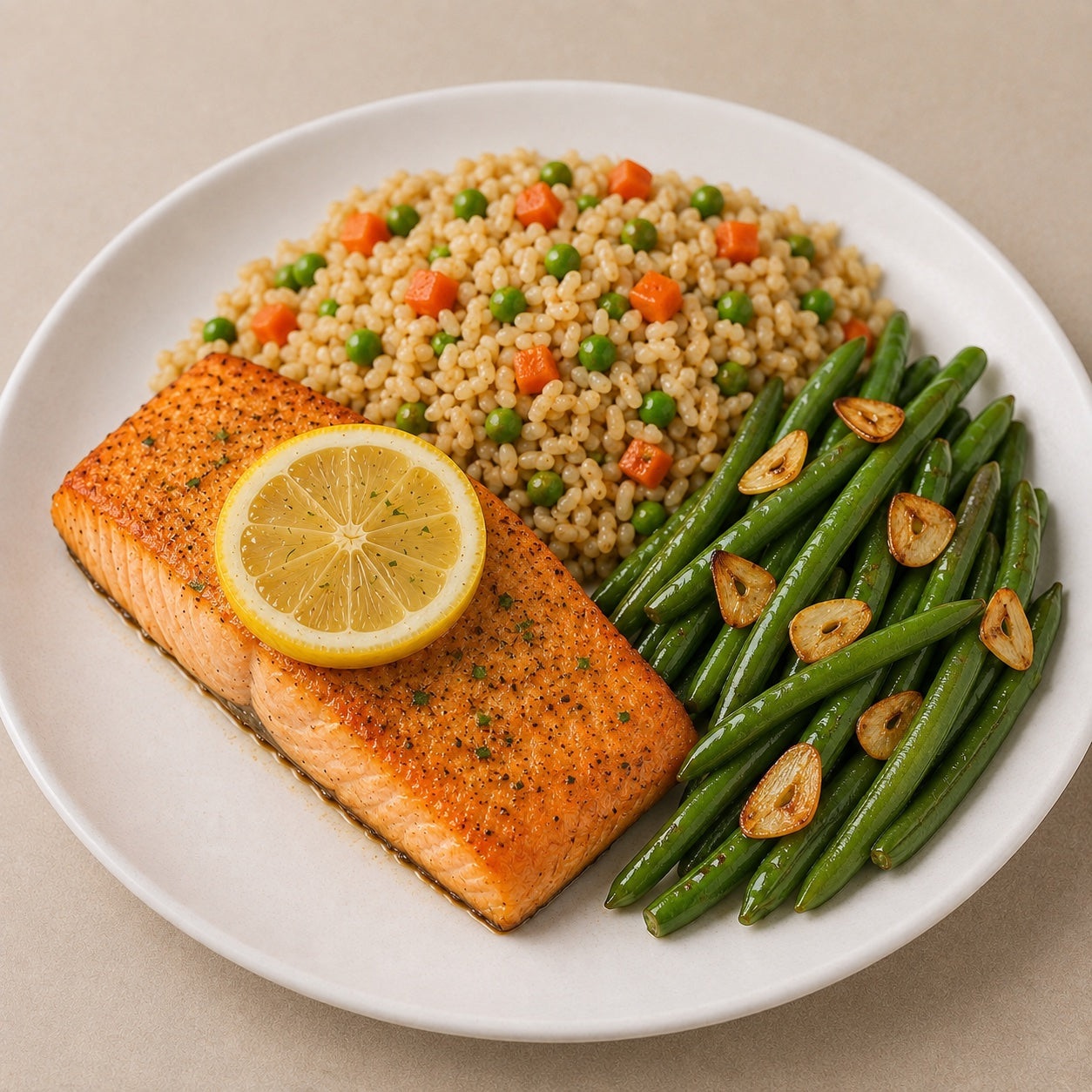 SAUDAVEL 300G- Salmão assado, arroz integral com vegetais e vagem com lâminas de alho.