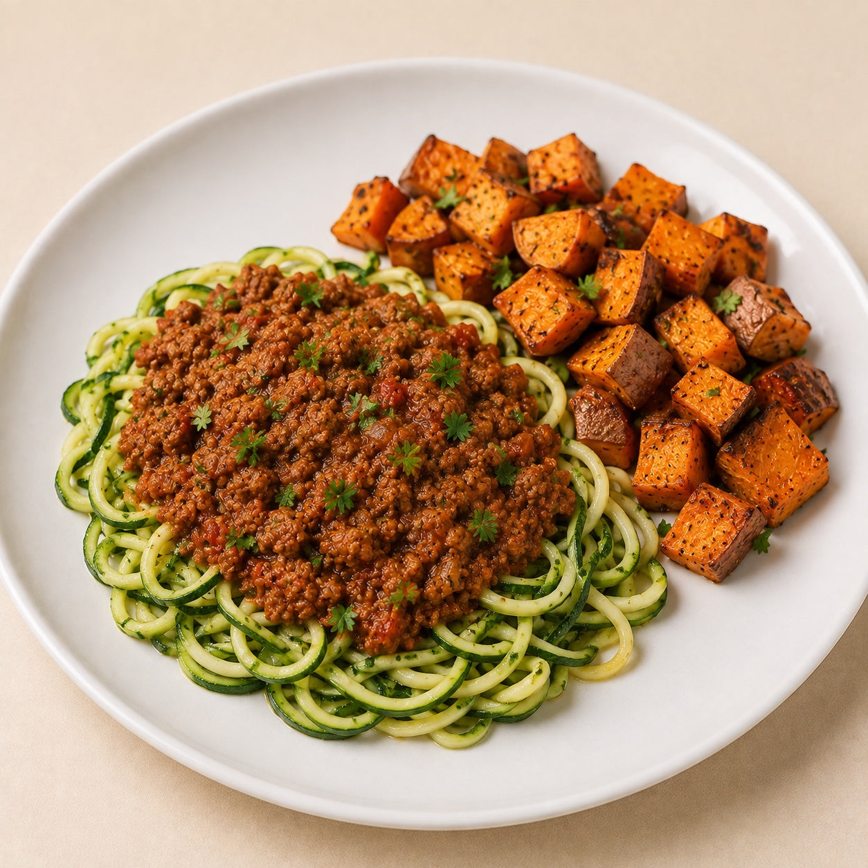 HEALTHY 300G- Zucchini noodles with lean Bolognese sauce and roasted sweet potato.