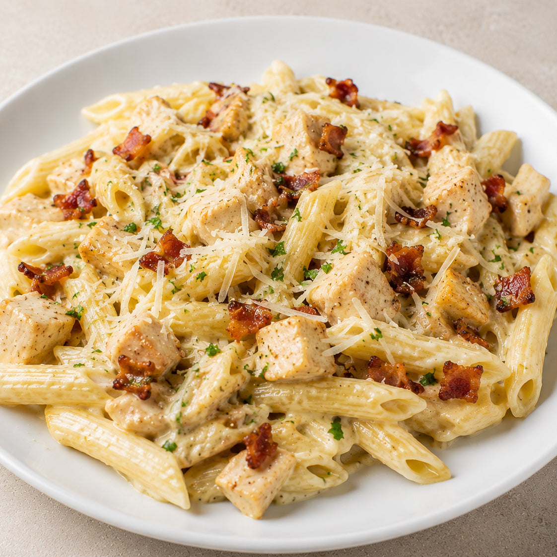 HOMESTYLE 300G- Alfredo penne with chicken cubes, crispy bacon, and fresh Parmesan cheese on top.