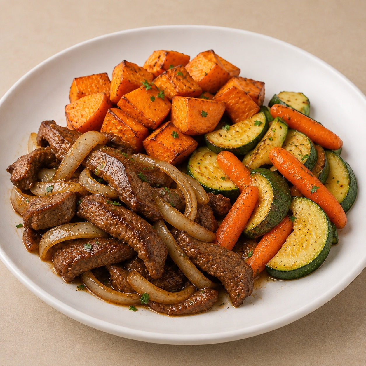 SAUDAVEL 300G- Tiras de filé mignon aceboladas ao shoyu, batata doce assada e mix de abobrinha com cenoura baby.