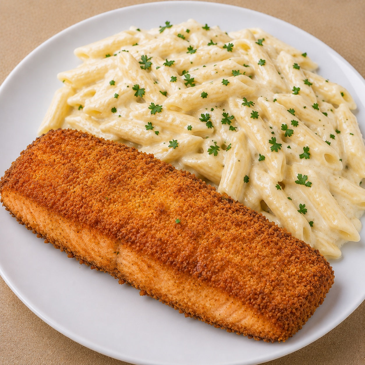 HOMESTYLE 300G- Breaded salmon and penne with three-cheese sauce.