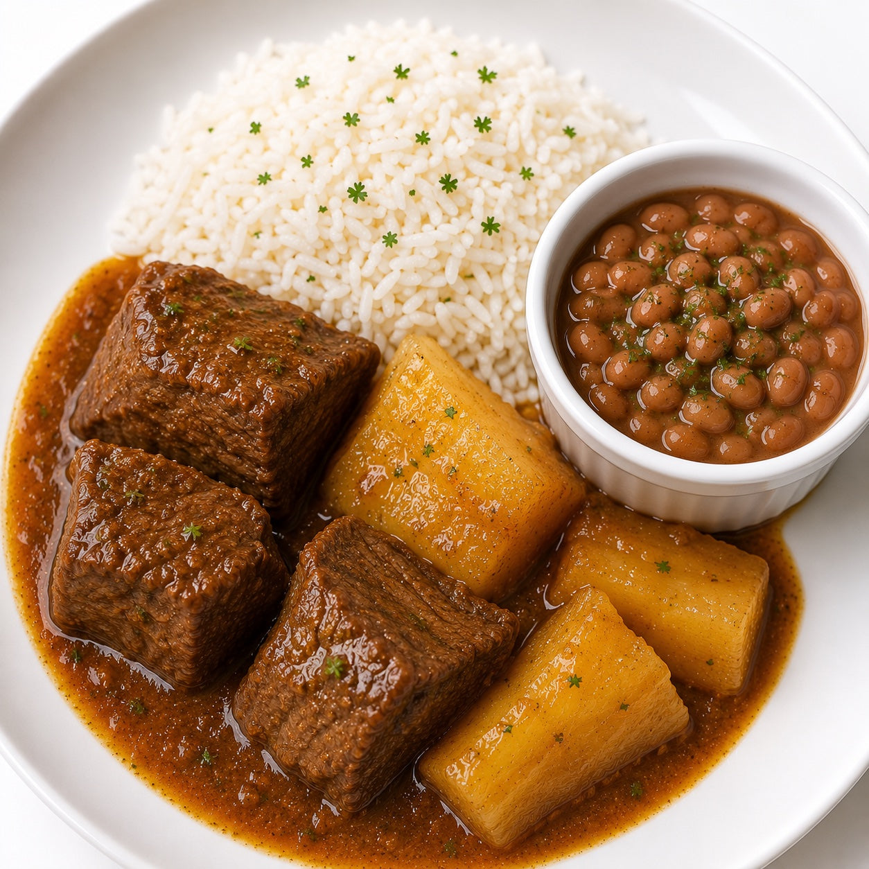 HOMESTYLE 300G- Beef stew with yuca, rice and beans on the side.