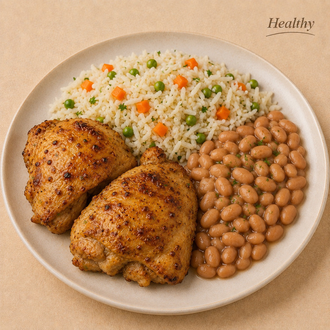 SAUDAVEL 300G- Sobrecoxas sem pele e sem osso ao toque de mostarda dijon, mix de arroz basmati com cenoura e ervilha, e feijão carioca.
