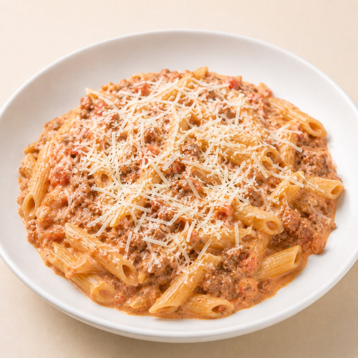 CASEIRO 300G- Penne à bolonhesa com dois molhos (branco e vermelho) e fresh parmesão por cima.