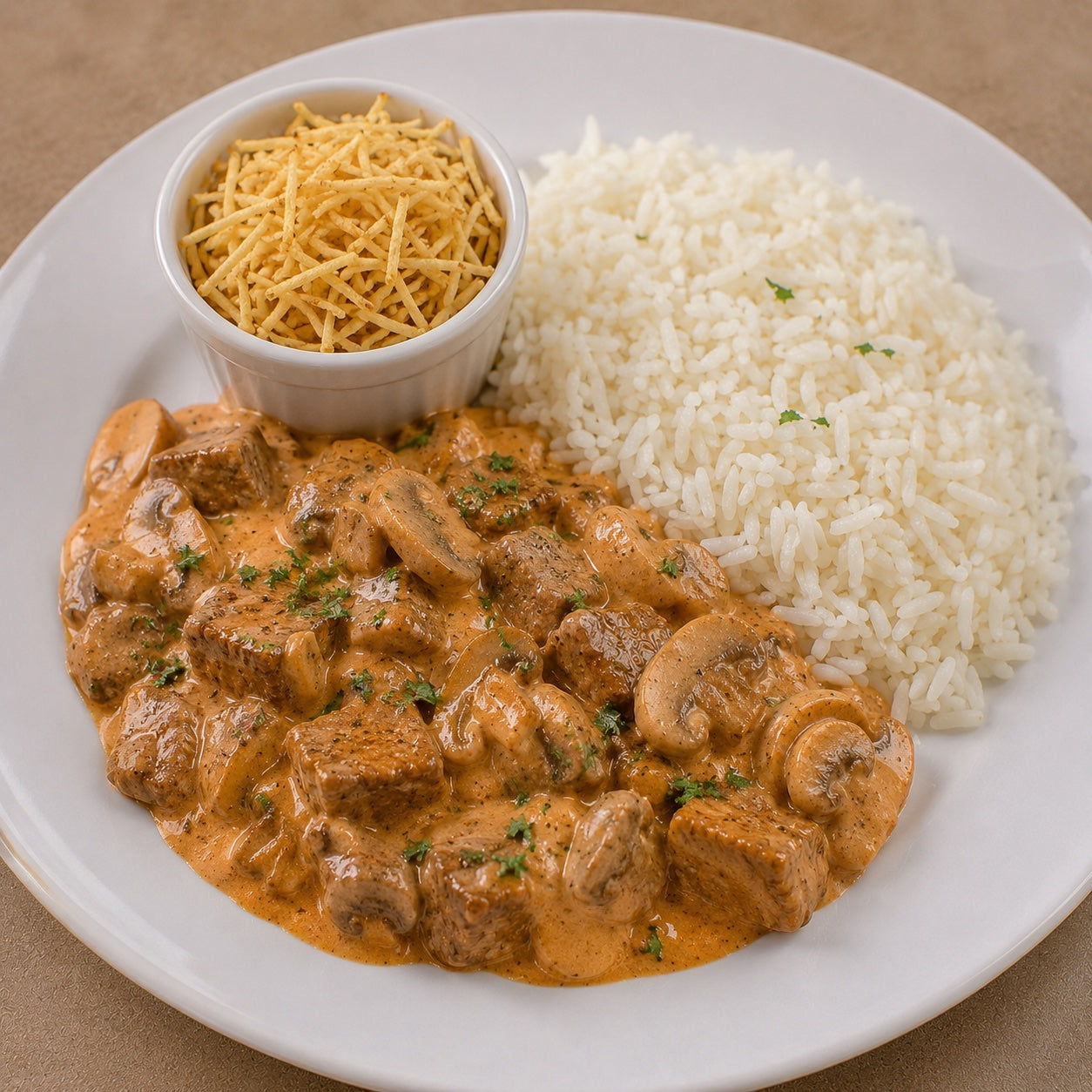 CASEIRO 550G- Strogonoff de filé mignon com cogumelos, arroz e batata palha à parte.