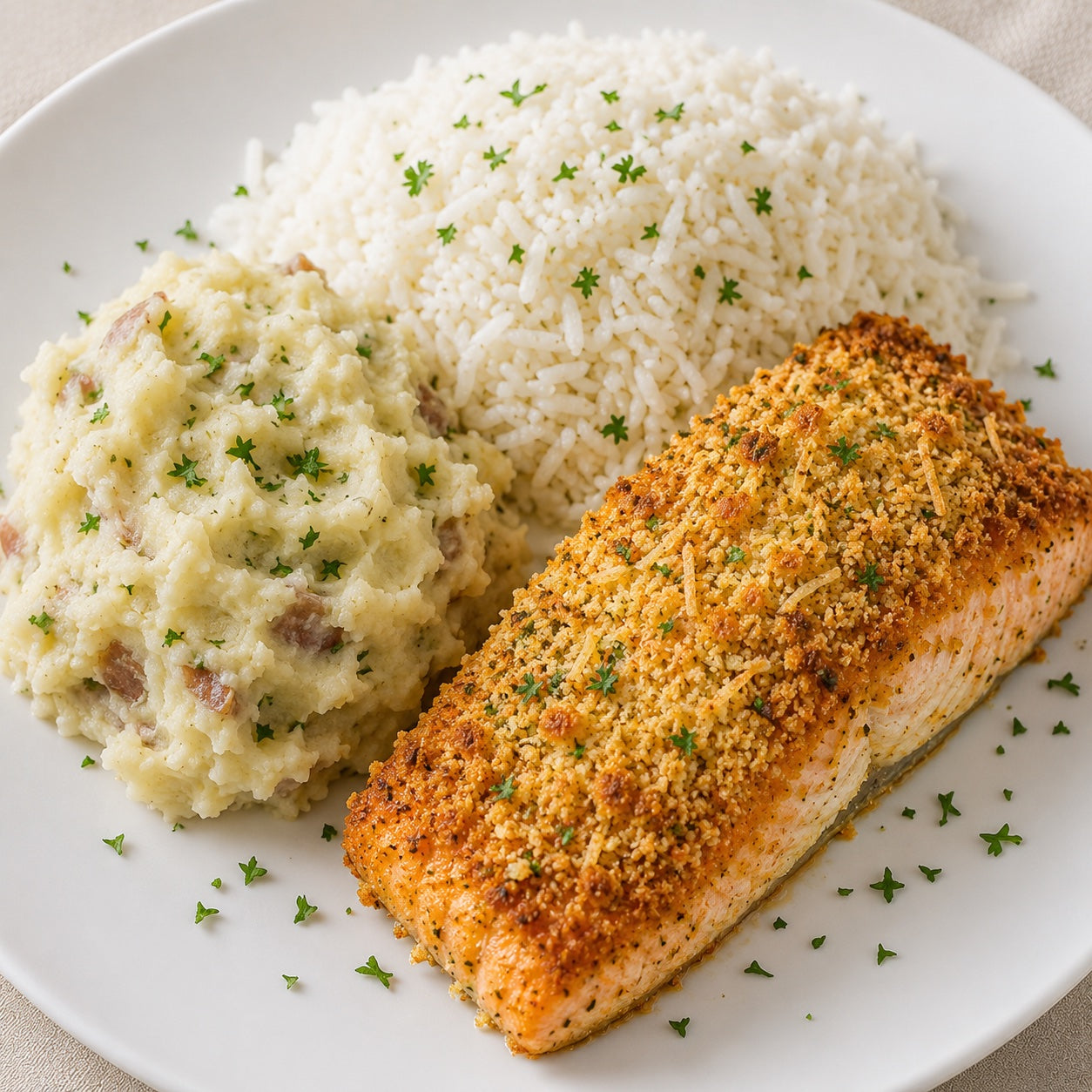 CASEIRO 550G- Salmão ao toque de dijon com crosta de panko e parmesão, arroz e purê de batata rústica.