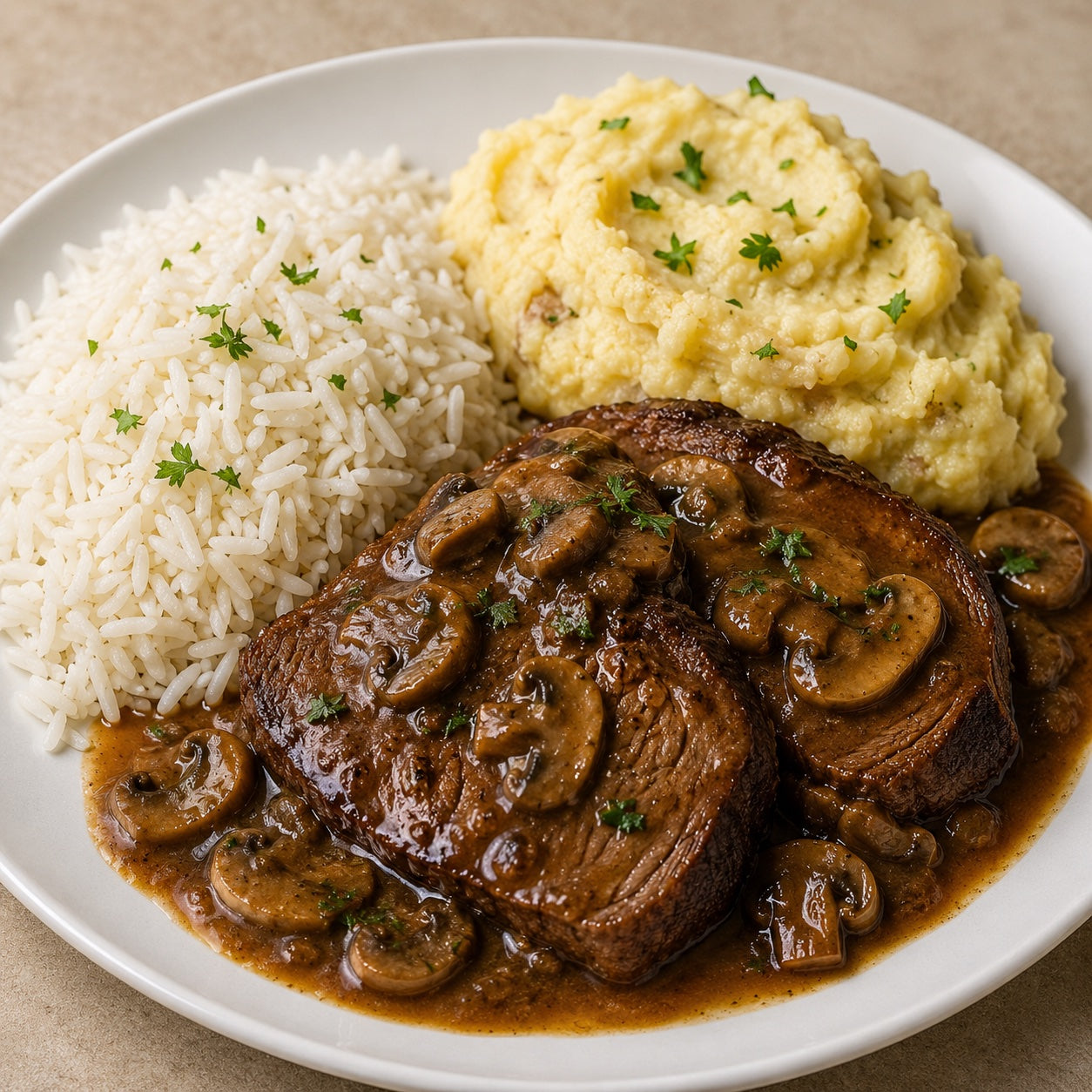 PRONTA ENTREGA CONGELADA- Carne assada com cogumelos ao molho madeira, arroz e purê de batatas rústico.