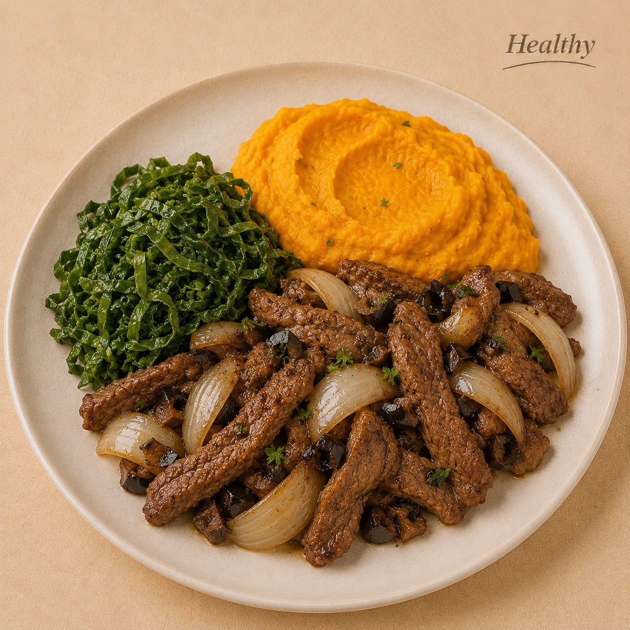 HEALTHY 300G- Beef strips with onions and black olives, butternut squash purée and sautéed collard greens.