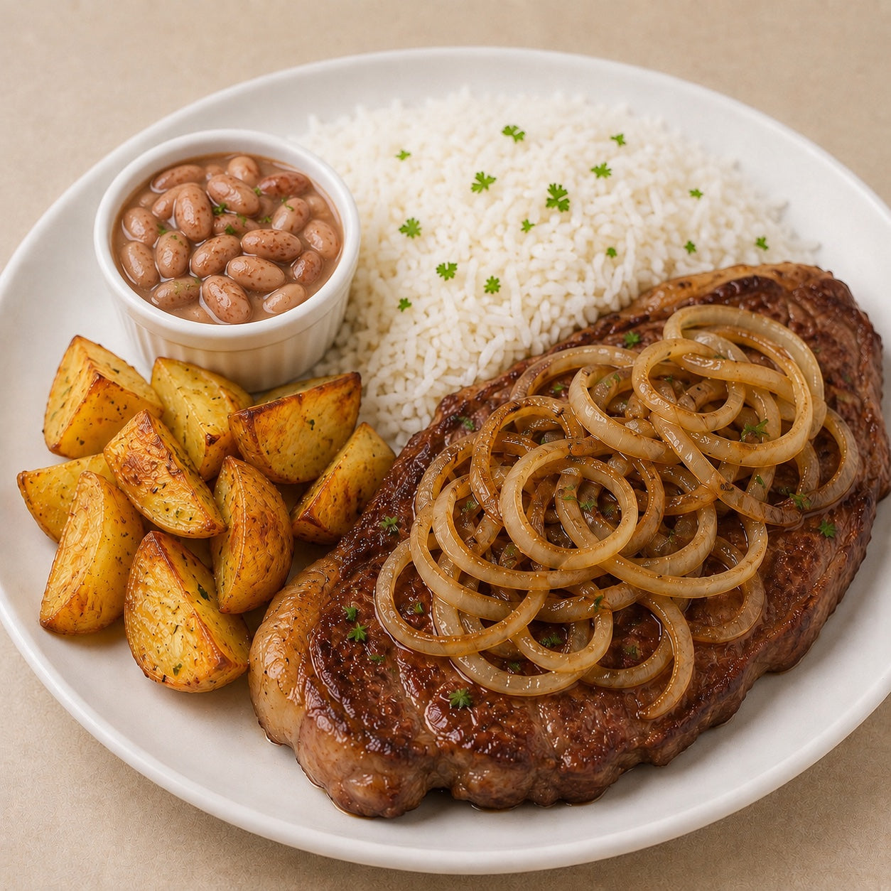 HOMESTYLE 300G- Picanha with onions, rice, fried rustic potatoes and beans on the side.
