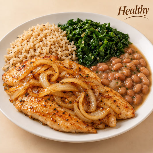 AVAILABLE NOW, FROZEN- Grilled chicken breast with onions, brown rice, sautéed collard greens and carioca beans.