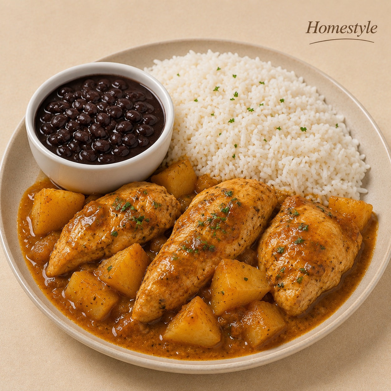 HOMESTYLE 550G- Stewed chicken breast with potatoes, rice and beans on the side.