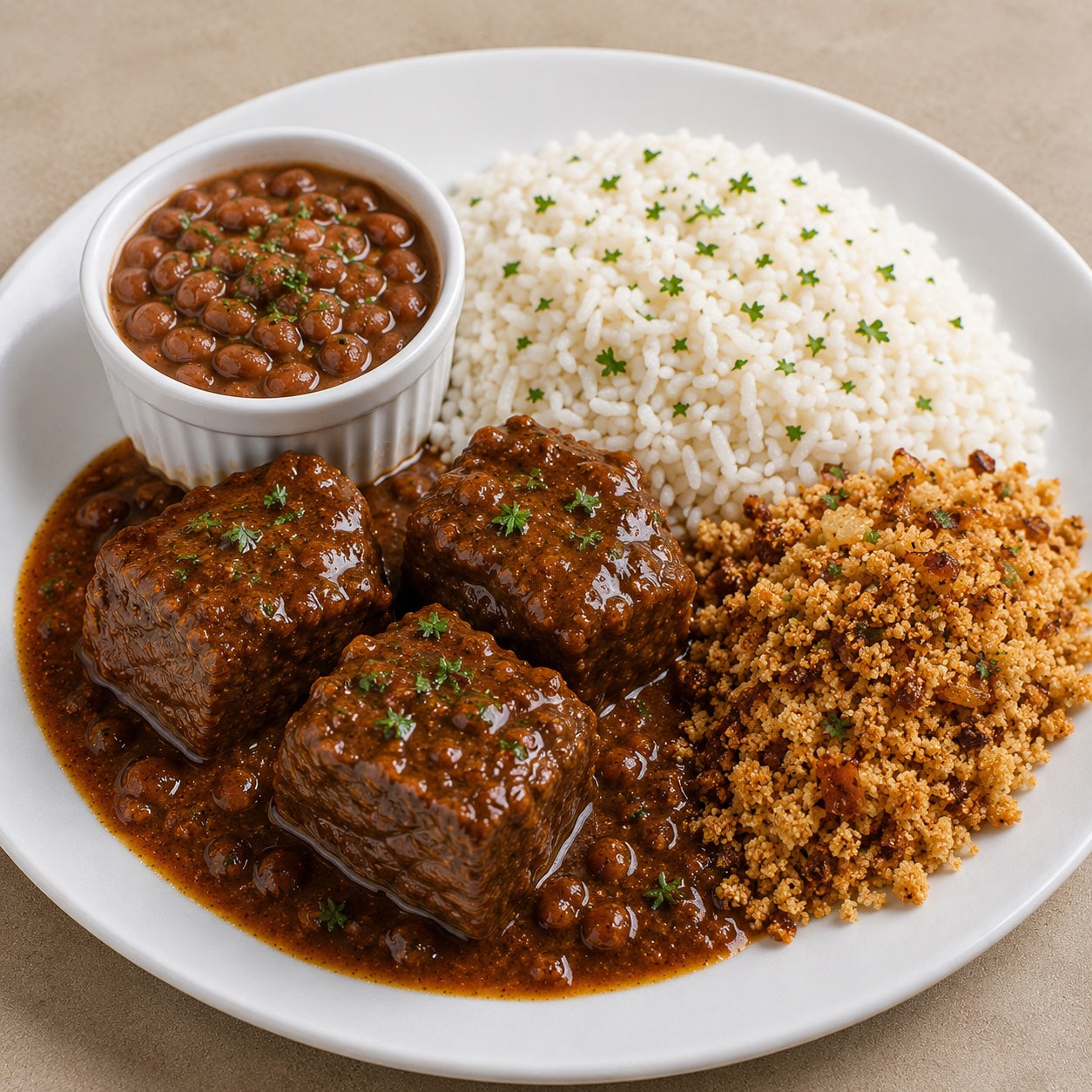 CASEIRO 300G- Carne de panela, arroz branco, farofa de cebola dourada e feijão à parte.