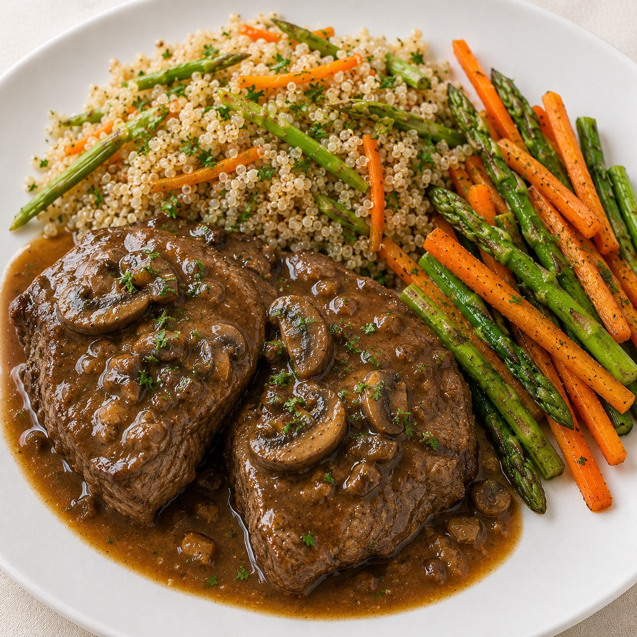 HEALTHY 300G- Roast beef with mushroom madeira sauce, quinoa and grilled carrots with asparagus.