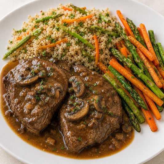 PRONTA ENTREGA CONGELADA- Carne assada ao molho madeira com cogumelos, quinoa e mix de cenoura com aspargos na chapa.