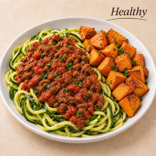 HEALTHY 300G- Zucchini noodles with lean Bolognese sauce and roasted sweet potatoes.