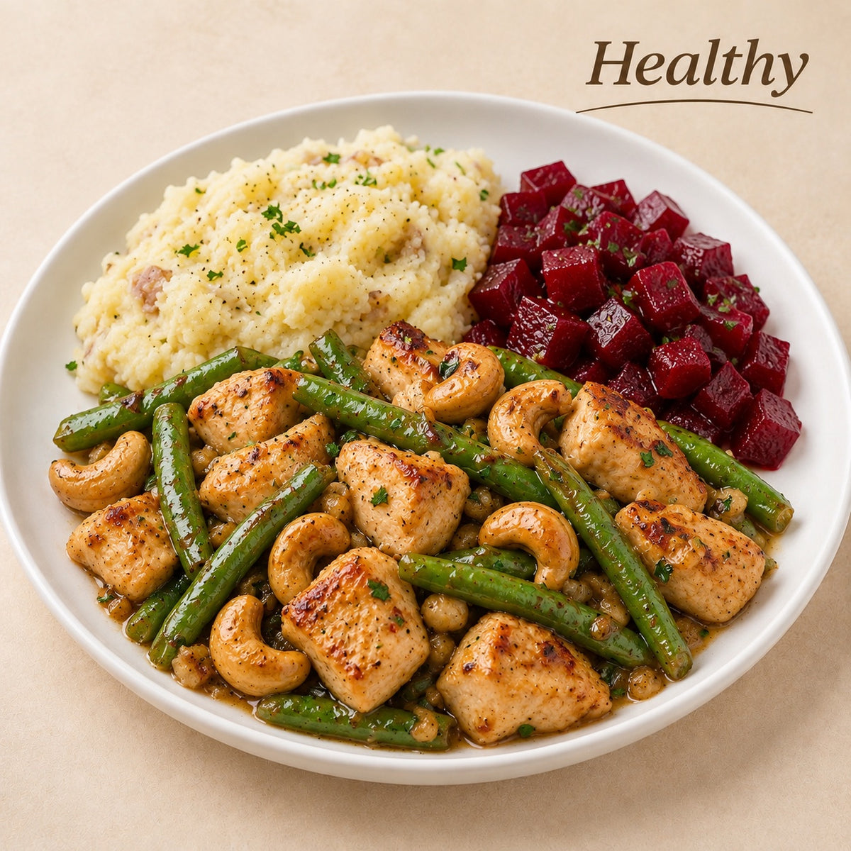 HEALTHY 300G- Chicken cubes with cashews and green beans, mashed potatoes and beets.