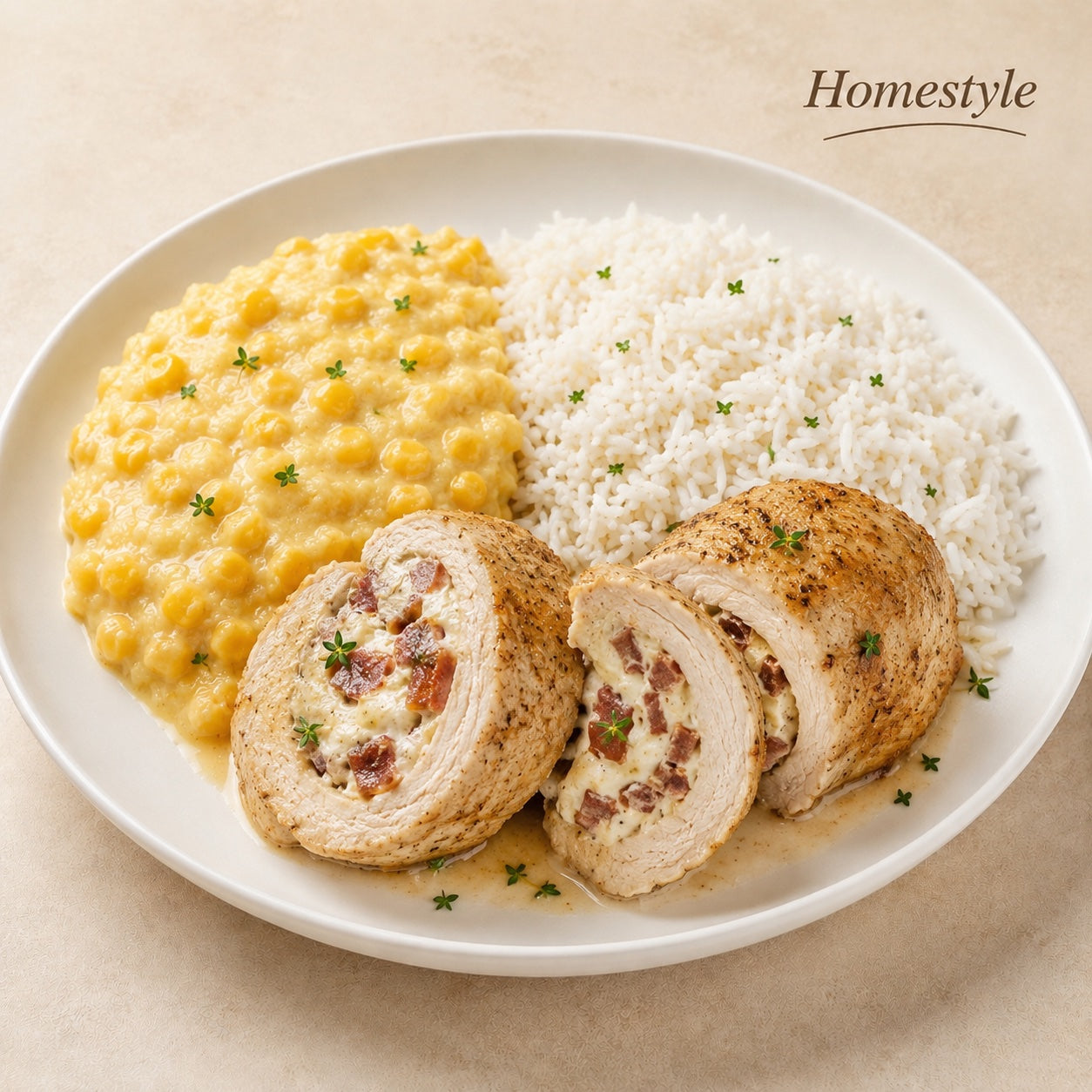 HOMESTYLE 300G- Chicken roulade stuffed with bacon and cream cheese, rice and creamed corn.
