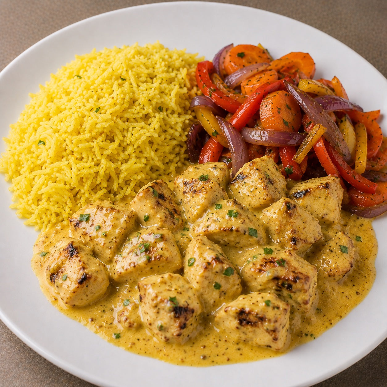 SAUDÁVEL 300G- Cubos de frango ao molho de ricota, mostarda e mel, arroz basmati com açafrão e legumes salteados (cenoura, pimentão colorido e cebola roxa).