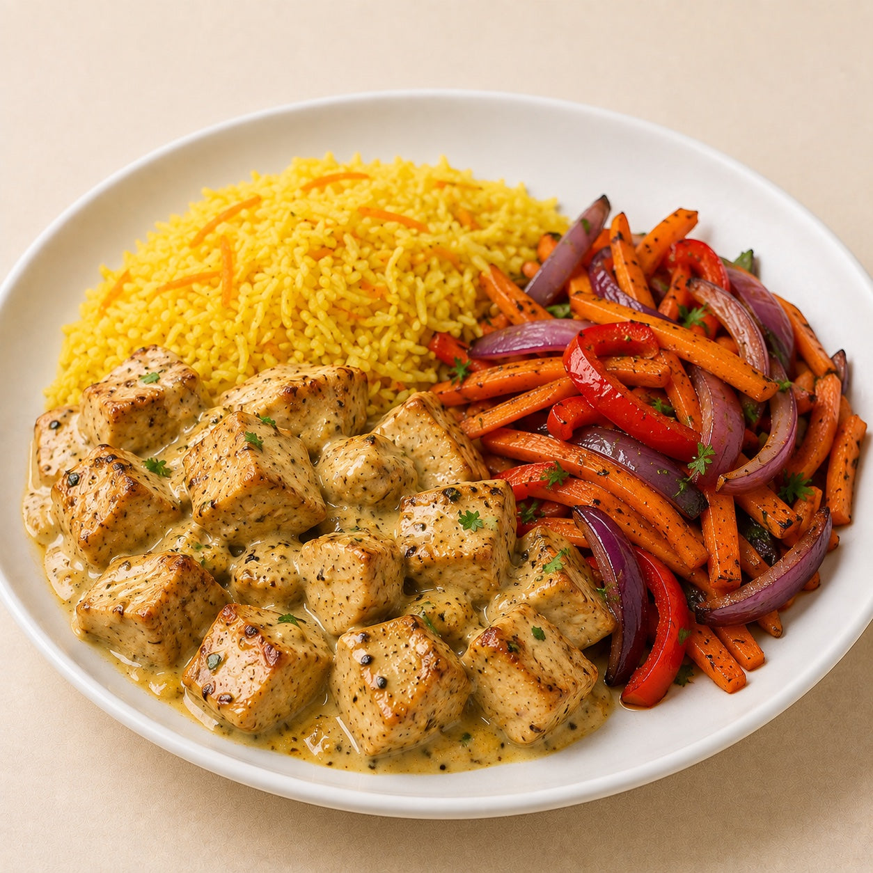 SAUDAVEL 500G- Cubos de frango ao molho de ricota, mostarda e mel, arroz basmati com açafrão e cenoura com pimentões e cebola roxa na chapa.
