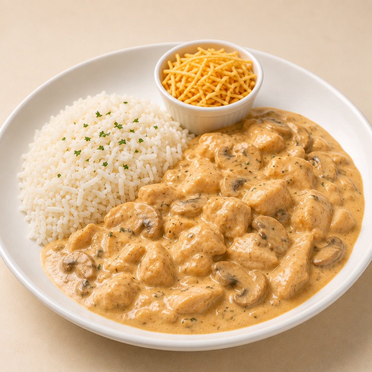 CASEIRO 300G- Strogonoff de frango com cogumelos, arroz e batata palha à parte.