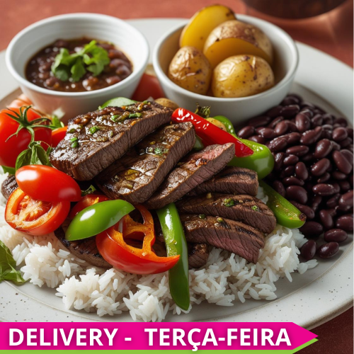 Homestyle Kids - Lomo Saltado (sirloin strips, onion, bell pepper, and tomato), white rice, roasted potatoes, and black beans on the side