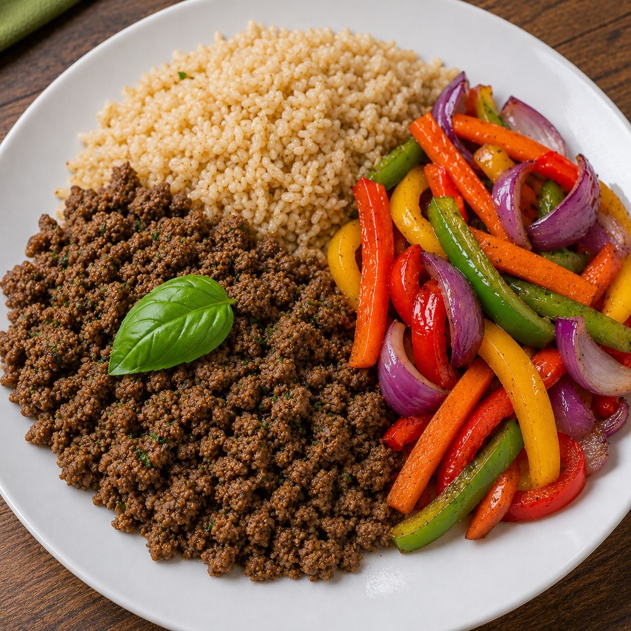 SAUDÁVEL 300g- Carne moída lean com manjericão, arroz integral e mix de cenoura com pimentões coloridos e cebola roxa.