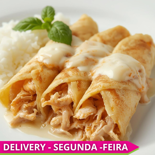 CASEIRO REGULAR - Panqueca de frango cremoso ao molho branco e queijo mussarela e arroz branco