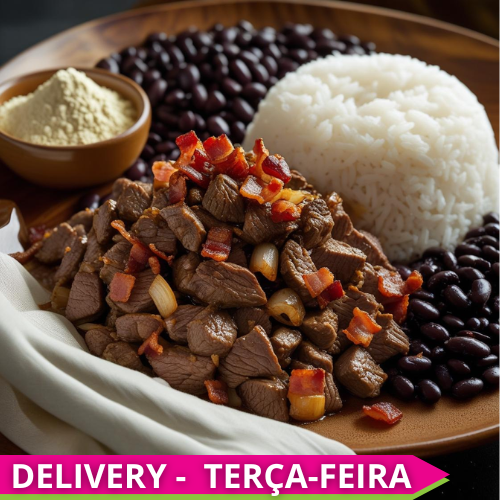 Homestyle Kids - Beef stew with white rice, golden onion farofa, and black beans on the side