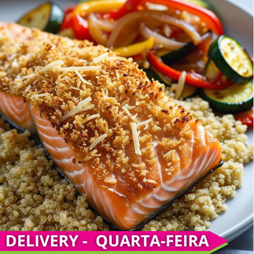 HEALTHY KIDS - Salmon with panko and parmesan crust, quinoa with onions and colorful bell peppers, and sautéed zucchini