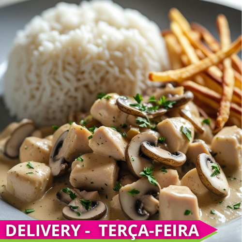 Homestyle KIDS - Chicken stroganoff with mushrooms, white rice, and shoestring potatoes on the side