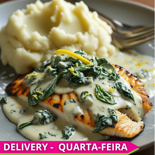 HEALTHY KIDS - Grilled tilapia with ricotta and spinach sauce and a touch of Sicilian lemon zest, served with white sweet potato mash and a “farofinha” of broccoli and cauliflower
