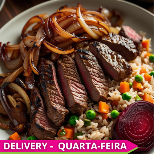 HEALTHY - Sirloin strips with onions, brown rice with vegetables, and beets