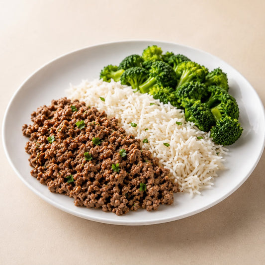 LEAN BALANCE 350G - Ground beef, basmati rice & broccoli.