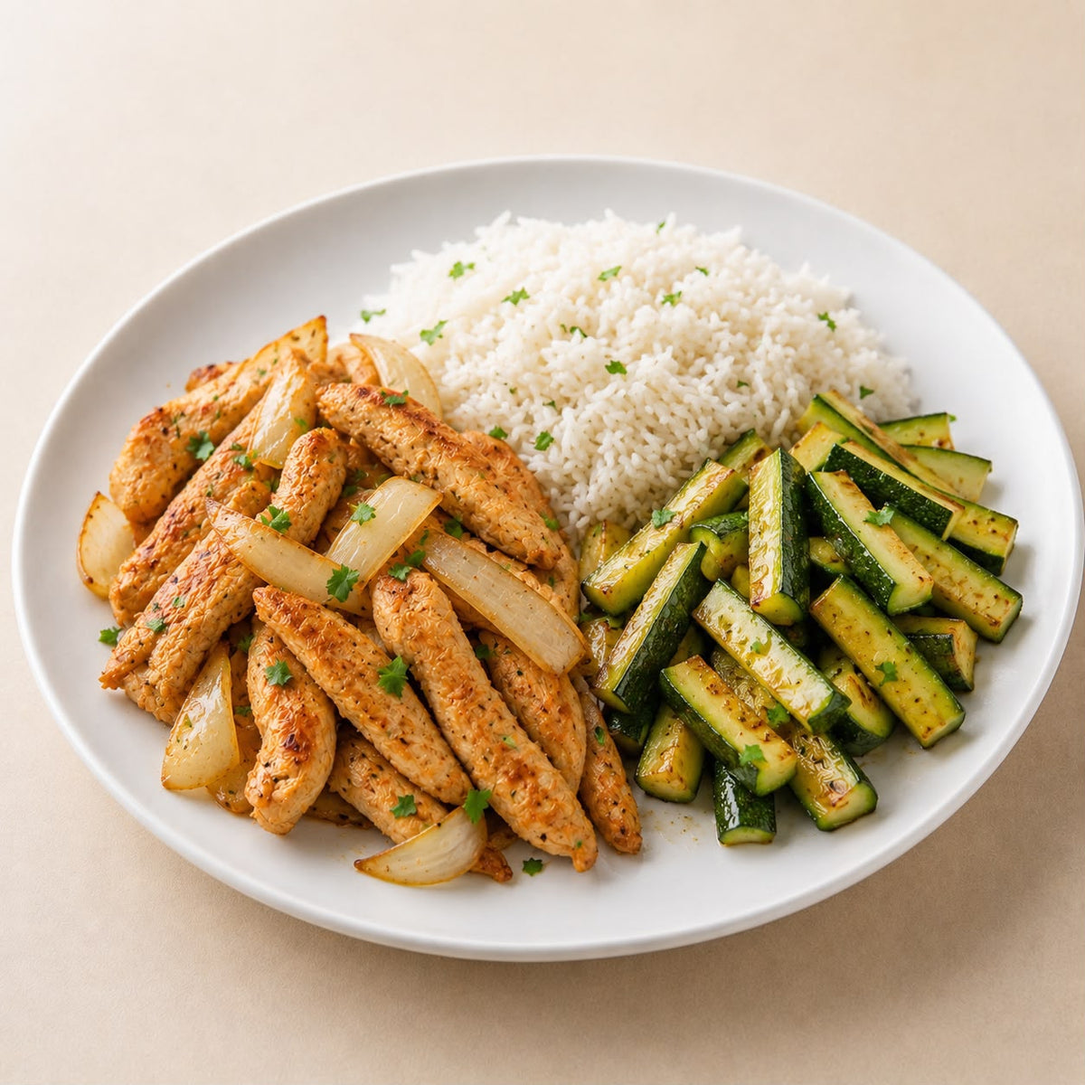 LEAN BALANCE 350G - Tiras de frango aceboladas, arroz basmati e abobrinha.