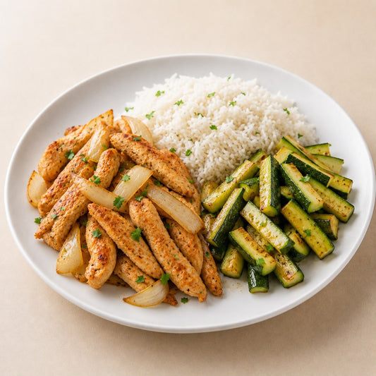 LEAN BALANCE 350G - Chicken strips with onions, basmati rice & zucchini.