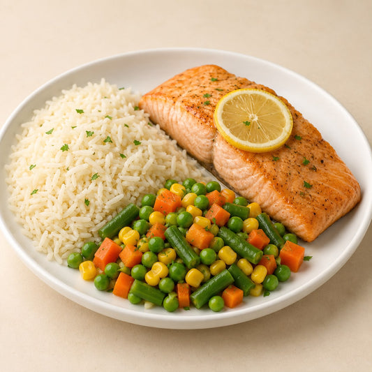 LEAN BALANCE 350G - Baked salmon, basmati rice & mixed vegetables.