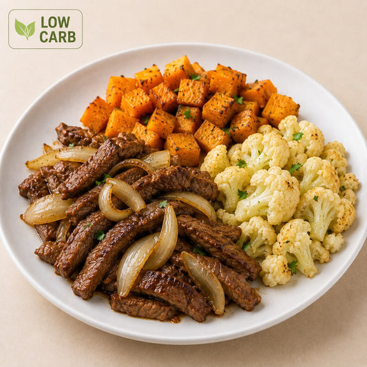 LEAN BALANCE 350G - Beef sirloin strips with onions, sautéed pumpkin & cauliflower