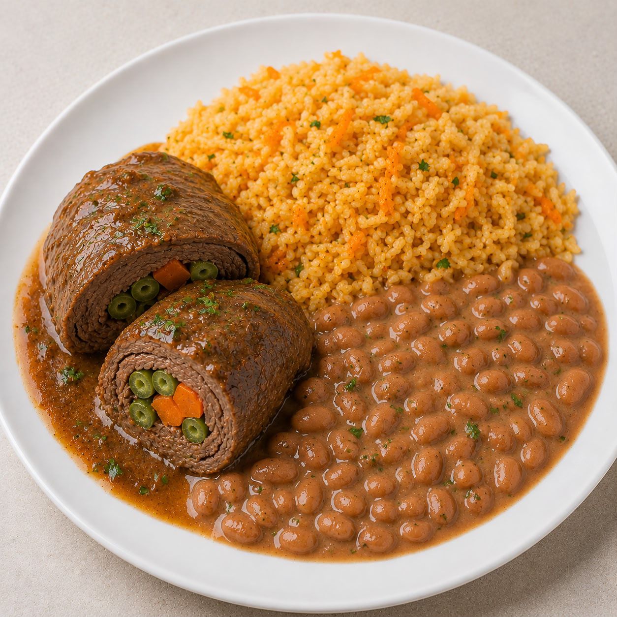 (NEW) SAUDÁVEL 500G- Bife à rolê recheado com cenoura e vagem, arroz integral e feijão carioca.